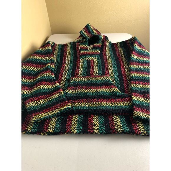 BAJA JOE Striped Hippie Boho Rasta Poncho Hoodie Size S Black Green,Red - Picture 15 of 15